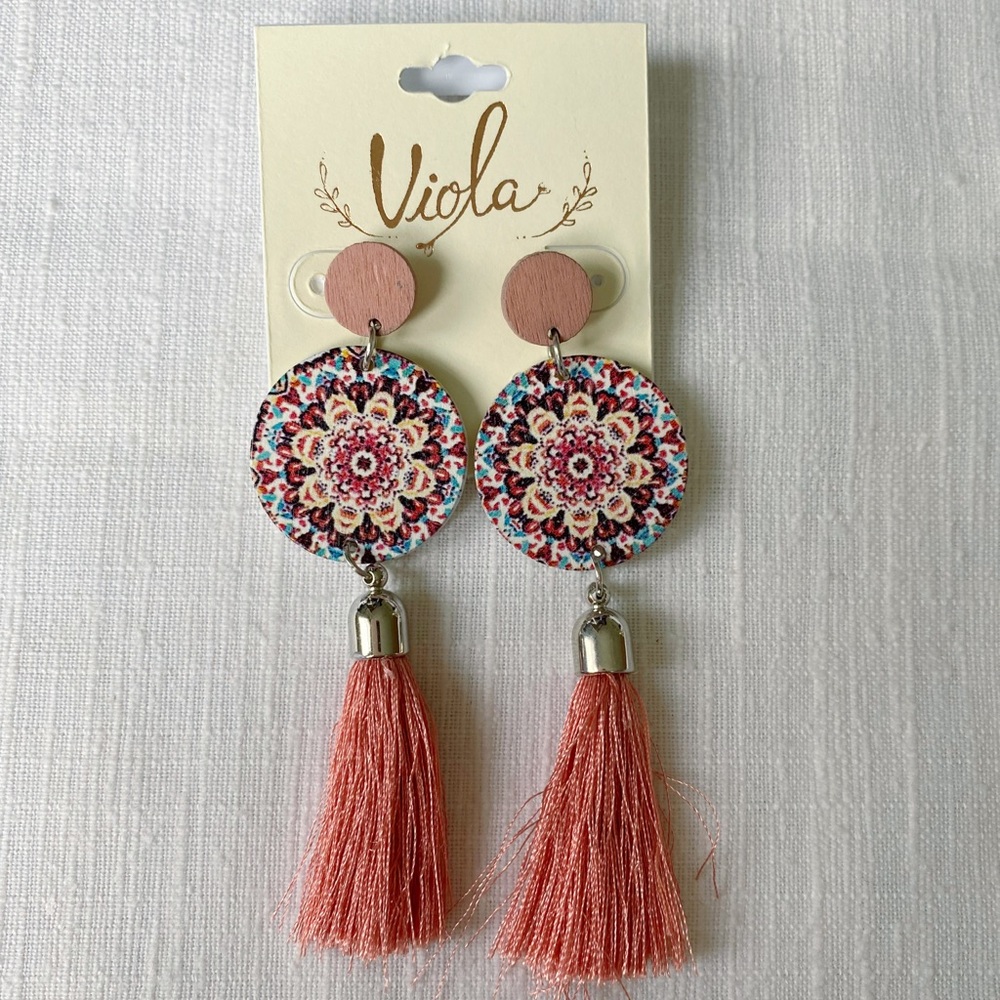 Blush Pink Wooden Earrings w/Tassel NWOT